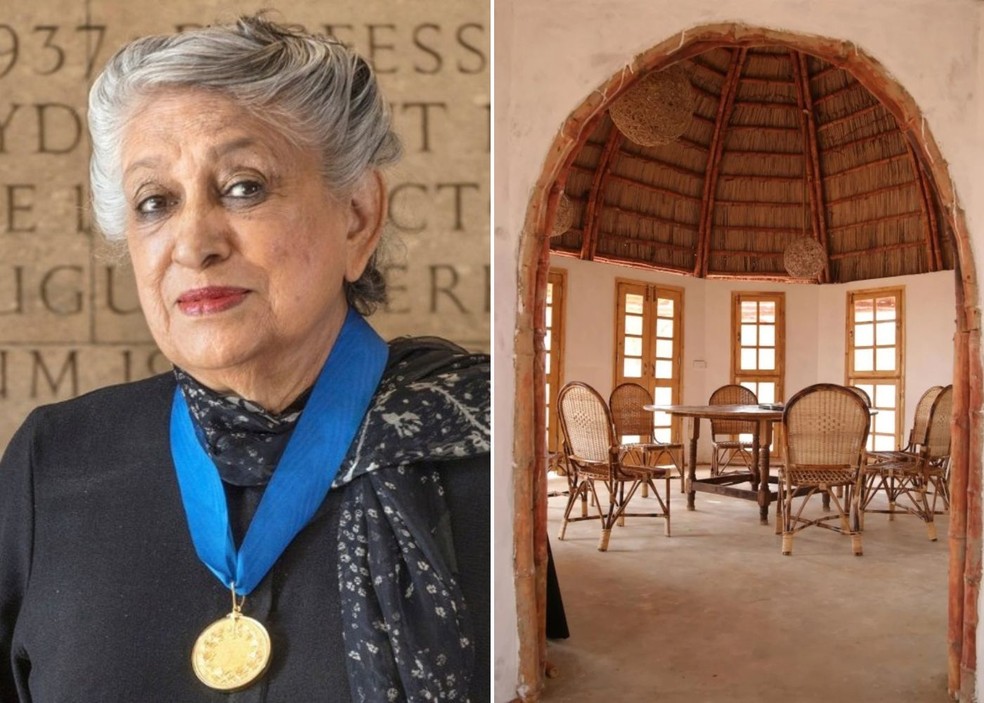 Yasmeen Lari é uma arquiteta e ecoativista paquistanesa, premiada em 2023 com a Medalha de Ouro do RIBA, como forma de reconhecimento às suas contribuições para a arquitetura internacional. Primeira arquiteta do Paquistão, é conhecida por seu trabalho que busca intercalar a arquitetura com a justiça social. À direita, interiores do Centro de Treinamento e Recursos INTBAU no ZC3, Centro Cultural de Carbono Zero da Fundação do Patrimônio do Paquistão, instituição criada pela arquiteta — Foto: Instagram/The Heritage Foundation of Pakistan/Reprodução; Instagram/arfada/Reprodução | Montagem: Casa e Jardim