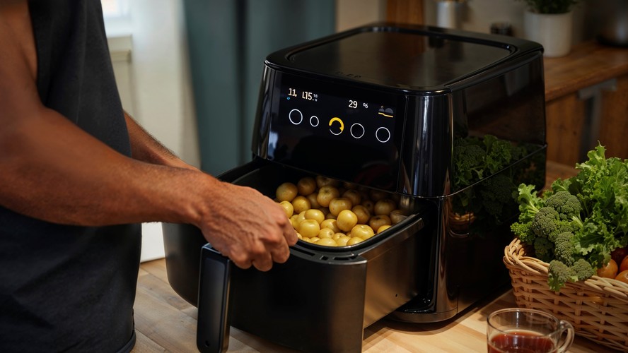 A air fryer de 16 litros é uma opção para quem cozinha para a família e quer preparar grandes porções sem dividir os alimentos em várias etapas