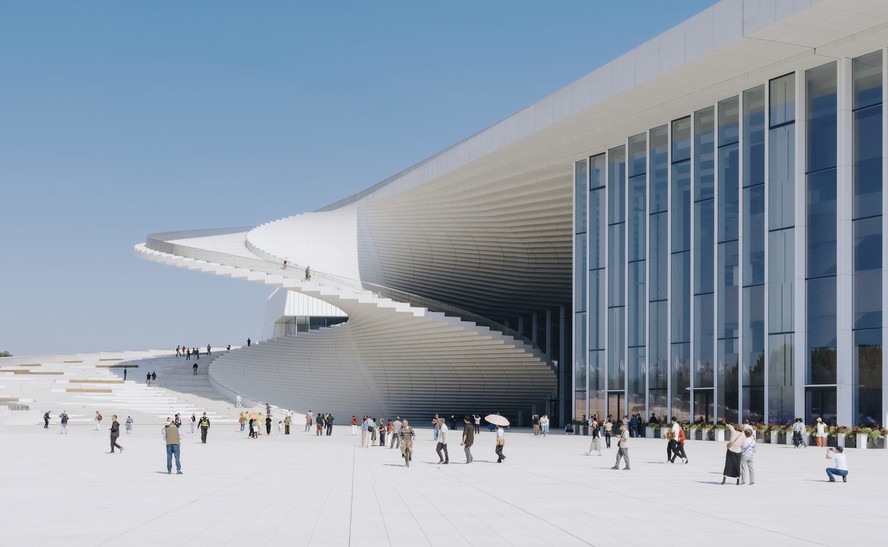 A escadaria em espiral é um dos principais elementos da arquitetura da Shanghai Grand Opera House. Projetada pelo Snøhetta, a estrutura conduz os visitantes à cobertura, aberta ao público como mirante, palco e espaço de encontro